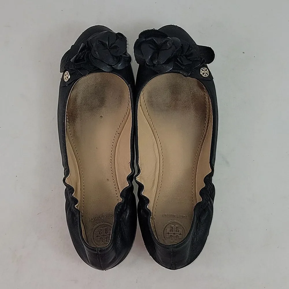 Tory Burch Black‎ Leather Blossom Ballet Flats